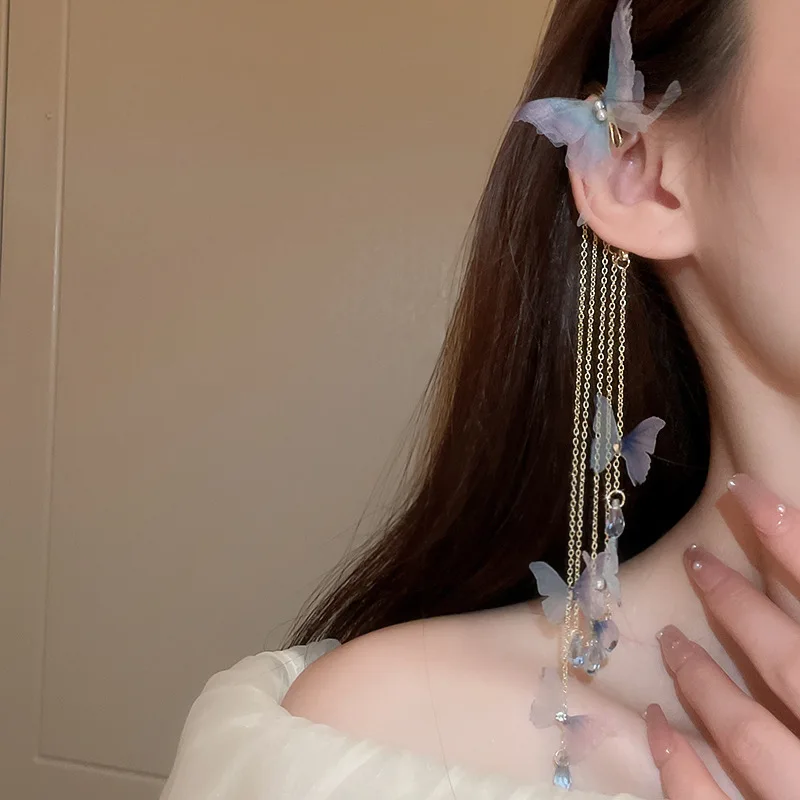 Elegant earless diamond-set fabric butterfly imitation crystal fringed ear hanging fashionable, temperament high-end earrings
