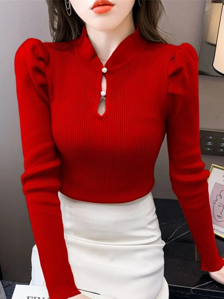 

Women's Knitted Base Shirt with Button Design Half High Collar Bubble Sleeve Sweater Autumn Winter New Style Court Style Ense...