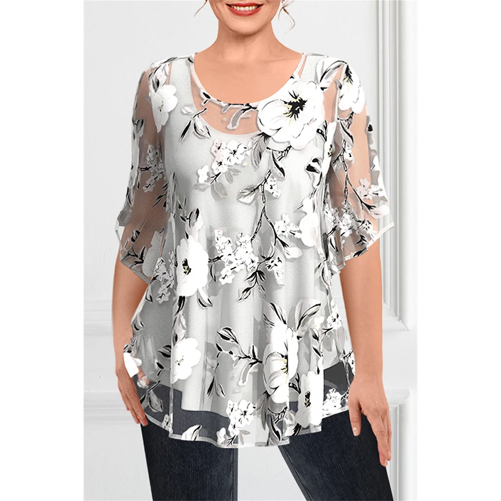 Plus Size Dressy Light Grey Chiffon See-Through Floral Print Half Sleeve Two Pieces Blouse