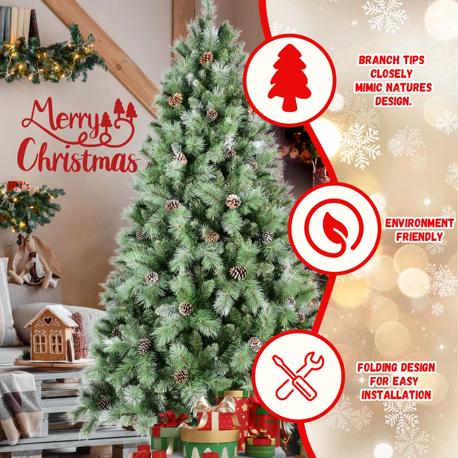 7/7.5/8/9FT PVC Artificial Christmas Tree with White Needles Pine Cones Decor Premium Xmas Tree  for Home Office Party Decor