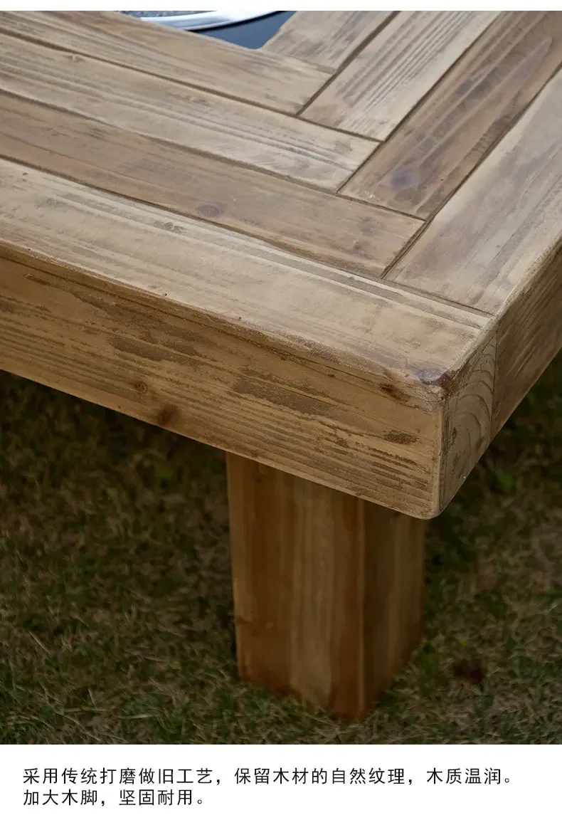 X18 Tavolino basso da balcone quadrato in legno massello per riscaldamento domestico, tavolino da caffè retrò a vento