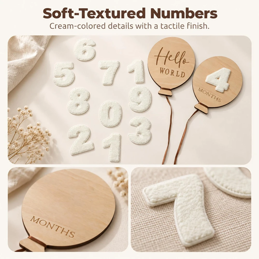 Felt Numbers Wood Balloon Photo Props Set Hello World Months 0-12M Baby Newborn Milestone Birthday Photography Gifts Accessories - view 3