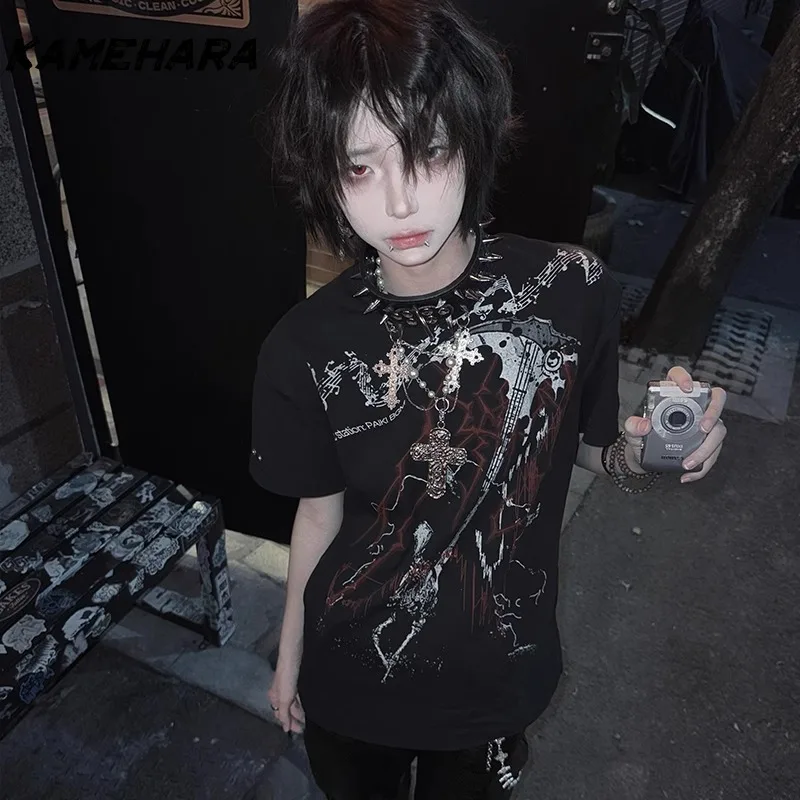 

KAMEHARA Japanese Y2k Subculture Black Shoulder Short Sleeved T-shirts for Women's Summer New Punk Visual Style Abi Top Vintage