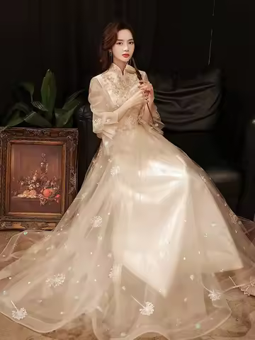 Luxury Sequins Appliques Prom Gown Mesh Sleeve Qipao Chinese Style Evening Dress Gorgeous Women Long Celebrity Banquet Dress