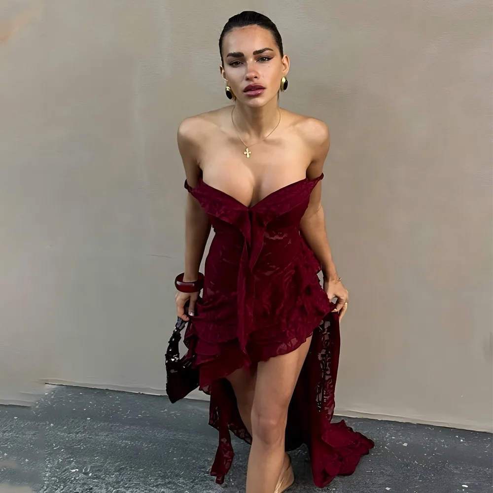 

Summer Sexy Lace See-through Irregular Dress, Spicy Girl with Exposed Back, See-through Strapless Women's Long Dress Women Party