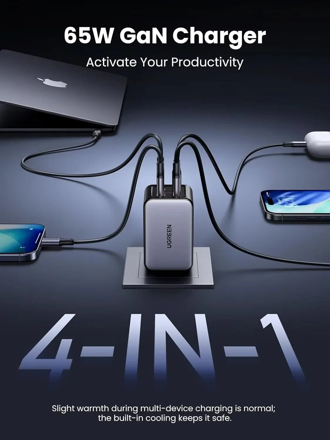 UGREEN Nexode 65W GaN USB C Wall Charger, 4-Port Fast Type-C Charger Compatible with MacBook Pro/Air, Phone 17/16/15 Series
