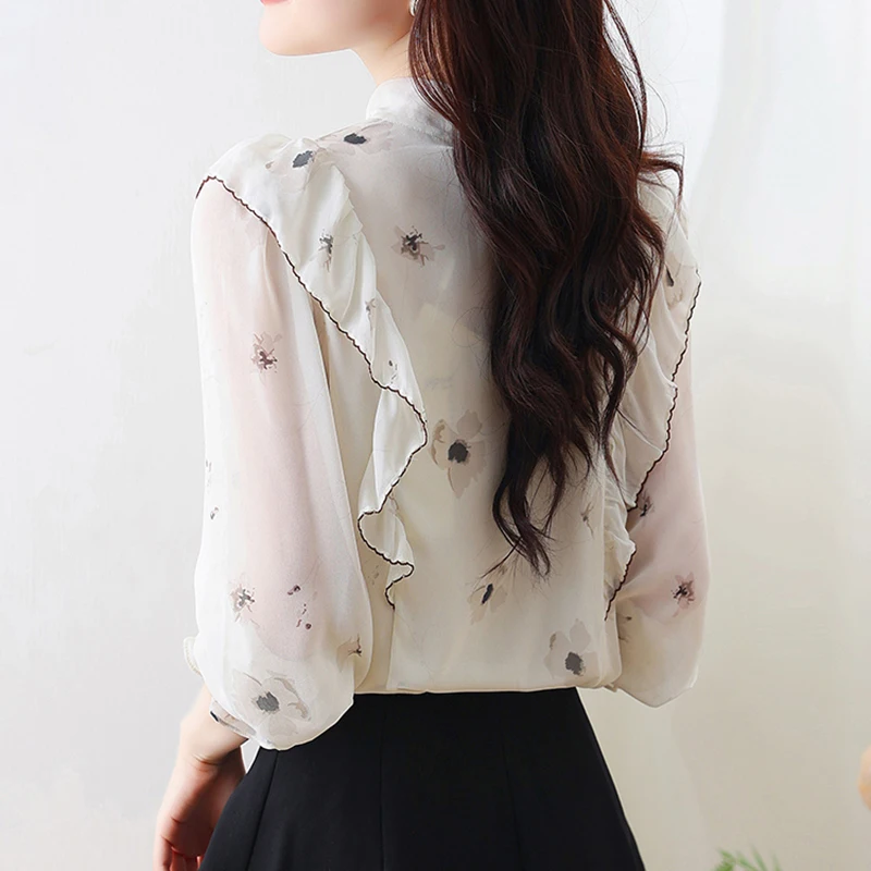 New 2023 Long Sleeve Stylish Chiffon Blouse for Women Ruffled Flower Korean Office Ladies Button Up Shirt Spring Autumn Clothing