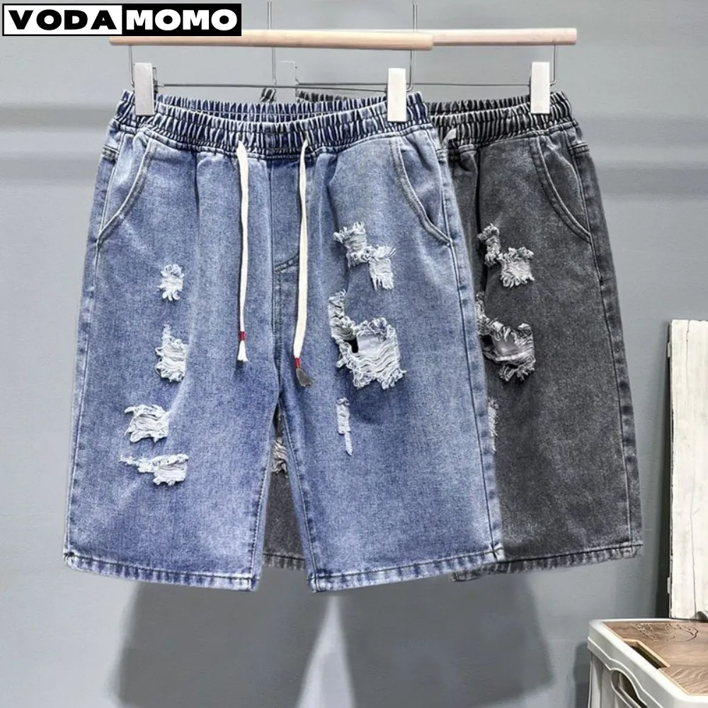 Summer Men's Fashion Slim Fit Denim Ripped Shorts Korean Casual Perforated mens jeans