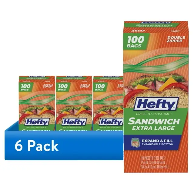 

(6 pack) Hefty Press to Close Plastic Bags for Food Storage, XL Sandwich Size, 100 Count
