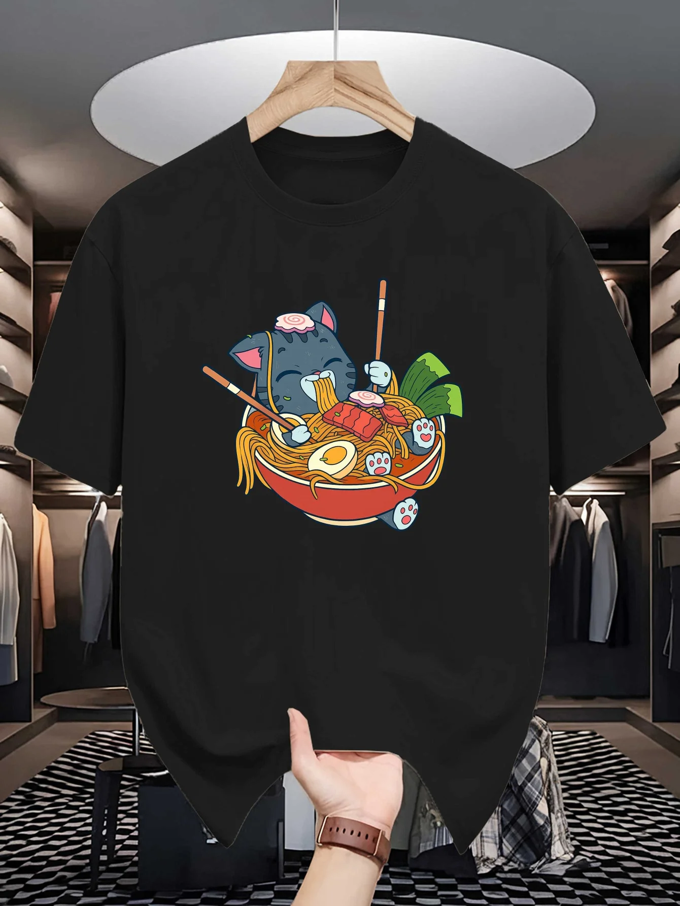 Men Short Sleeve T Shirt Cute Cat Ramen Noodle Cartoon Graphic Tees Loose Fit Casual Mens Top For Food Lover Daily Street Wear