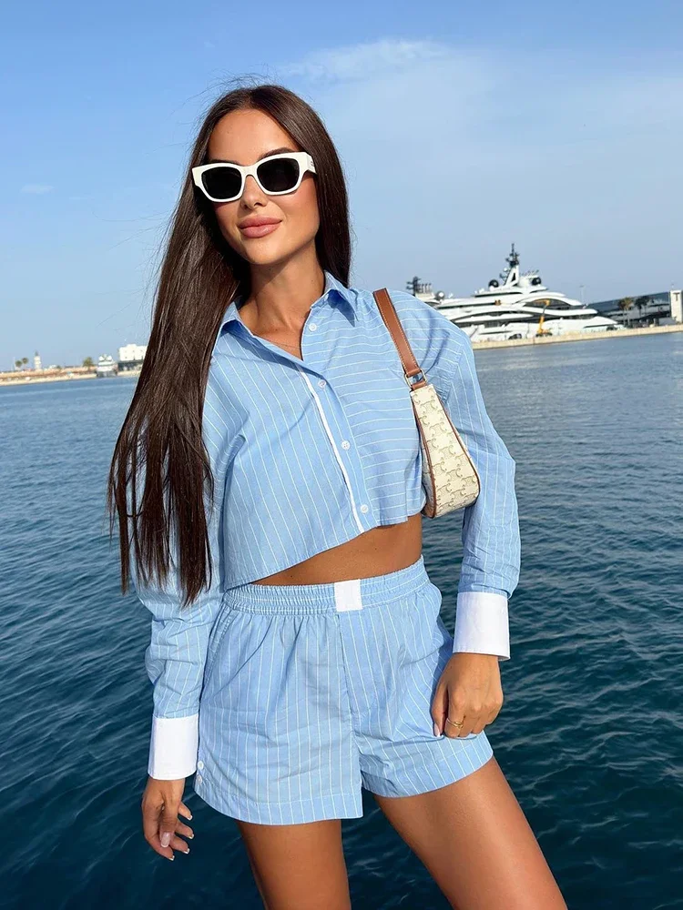 Foridol Stripes Crop Top+shirt 2 Pcs Outfits Women Casual Summer Autumn Casual Set Blue Matching Set Shorts Set Female Suit