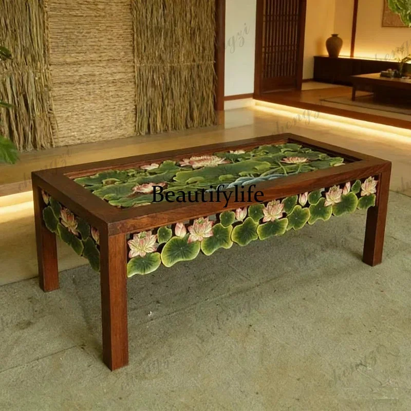 F150 South East Asia style solid wood glass surface carving hand painted new Chinese style elm painted coffee table