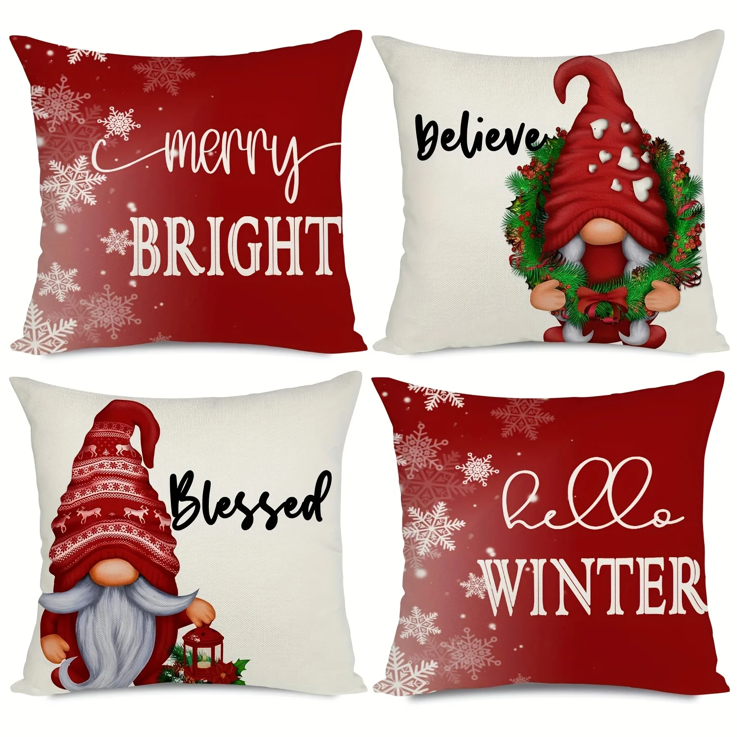 Linen Mix Christmas Gnome Letters Throw Pillow Cover, Sofa Living Room Outdoor Decor