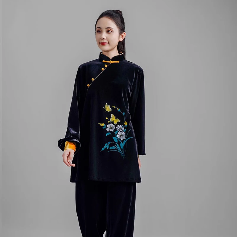 Kun Master Thicken Velvet Taichi Uniform Elegant Winter Martial Arts Suit Embroidery Kung Fu Clothes Taiji for Women