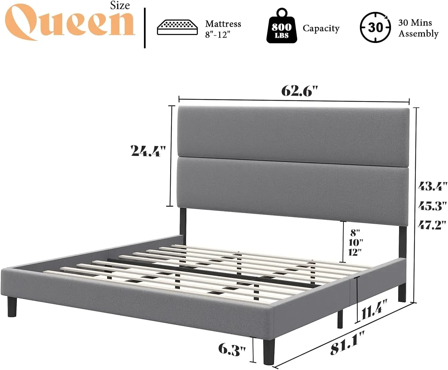 Bed Frame with Adjustable Headboard, Linen Upholstered Platform Bed/Strong Wood Slats Support/Easy Assembly/No Box Spring Needed