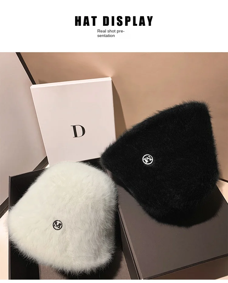 Korea Designer M Eimer Hut Frau Warme Plüsch Angola Kaninchen Fell Hut Dame Herbst Winter Ins Mode Becken Hut Retro Flauschigen Panama – Detail 1