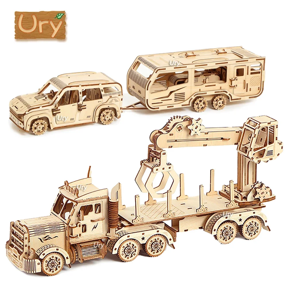 Ury 3d Holz puzzle bewegliche Retro Doppeldecker Kran Bulldozer handgemachte Montage LKW Modell DIY Spielzeug Dekoration Geschenk für Kinder