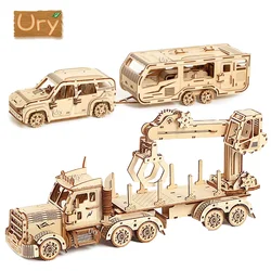 Ury 3D Wooden Puzzle Movable Retro Biplane Crane Bulldozer Handmade Assembly Truck Model DIY Toys Decoration Gift for Kids