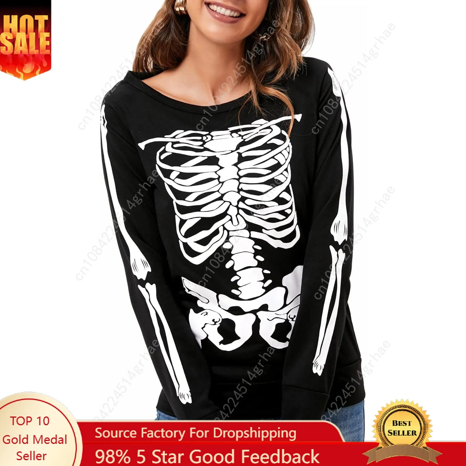 

DDSOL Women's Long Sleeve Skeleton Shirt Crewneck Halloween Costume Outfits Tops Skeleton Sweatshirt