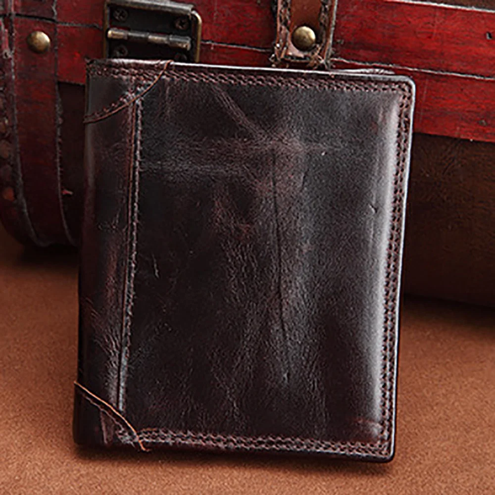 

Genuine Leather Men Short Wallet Coin Pocket ID/Credit Card Holder Small Money Bag Famous Brand Oil Wax Cowhide Bifold Purse