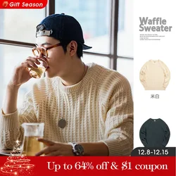 Maden 2024 Autumn Waffle Round Neck Knit Sweaters Casual Warm Solid Pullover Classic Fashion Loose Jumper for Men Tops Clothing