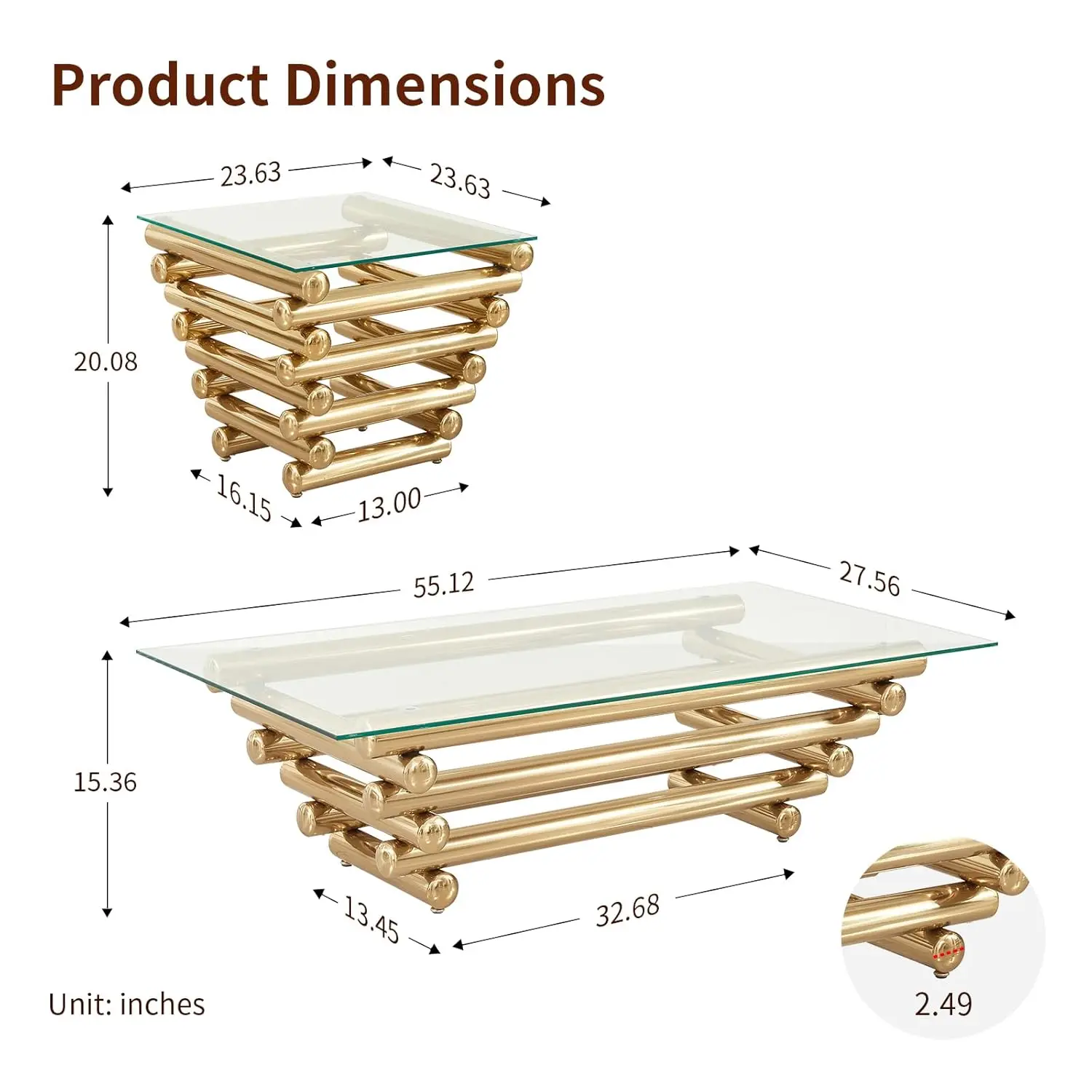 Coffee Table Set Of 2, Modern Gold Coffee Tables For Living Room, Easy Assembly Easy Clean, Tempered Glass With, Customized