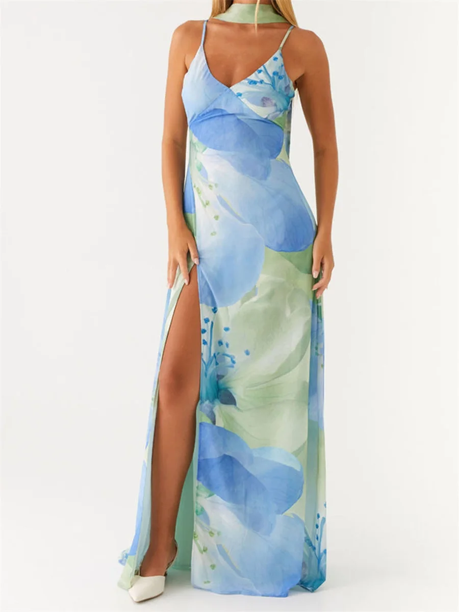 Nuevo vestido largo con cordones y espalda descubierta sin mangas con estampado Floral, vestido Sexy ajustado de verano, trajes elegantes para fiesta de vacaciones, venta al por mayor S-XL