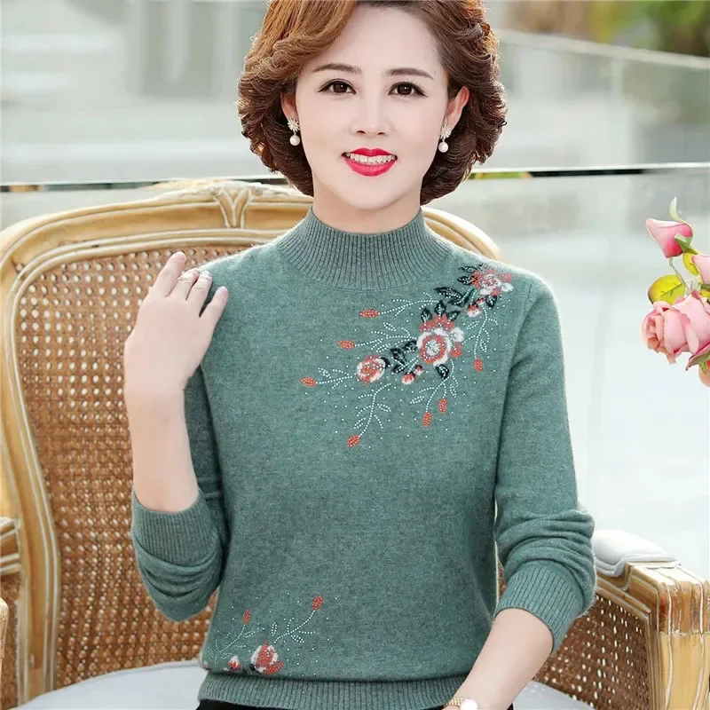 

Autumn Winter Half Turtleneck Thicken Knitted Pullovers Women Embroidered Knit Jumper Middle-aged Mother Cashmere Sweater