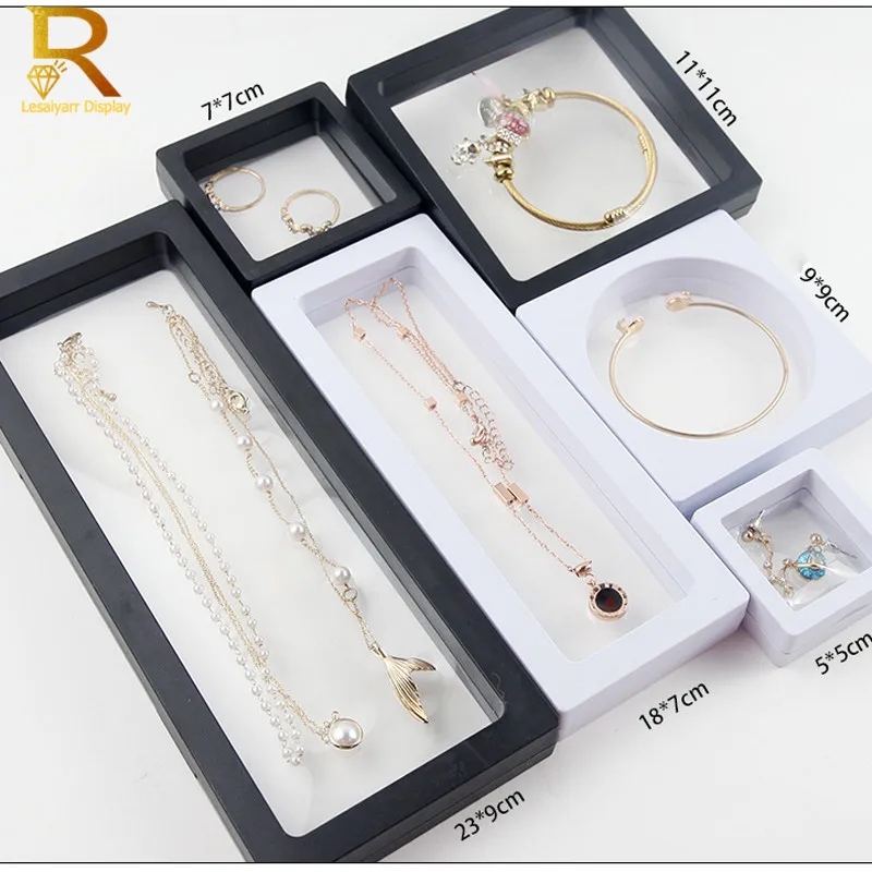 10pcs Set 3D Floating Display Case Stands Transparent Square Holder Pendant Necklace Bracelet Ring Coin Jewelry Pin Storage Box