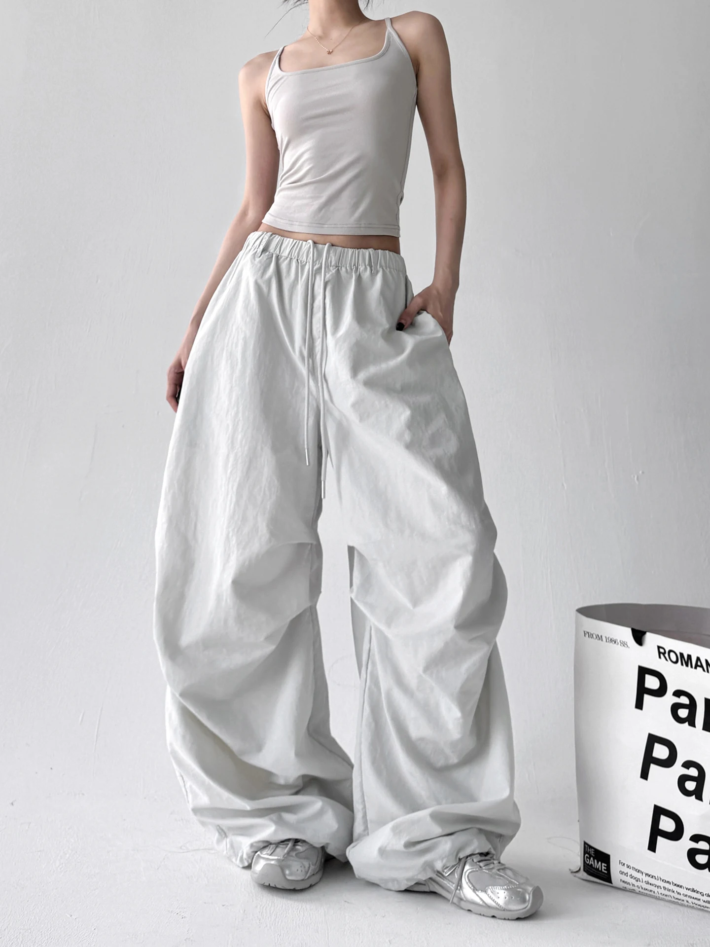2025년 여름 여성 캐주얼 스포츠 얇은 하이웨이스트 루즈 스트링 와이드 레그 팬츠 다용도 작업복 바지 출퇴근용
