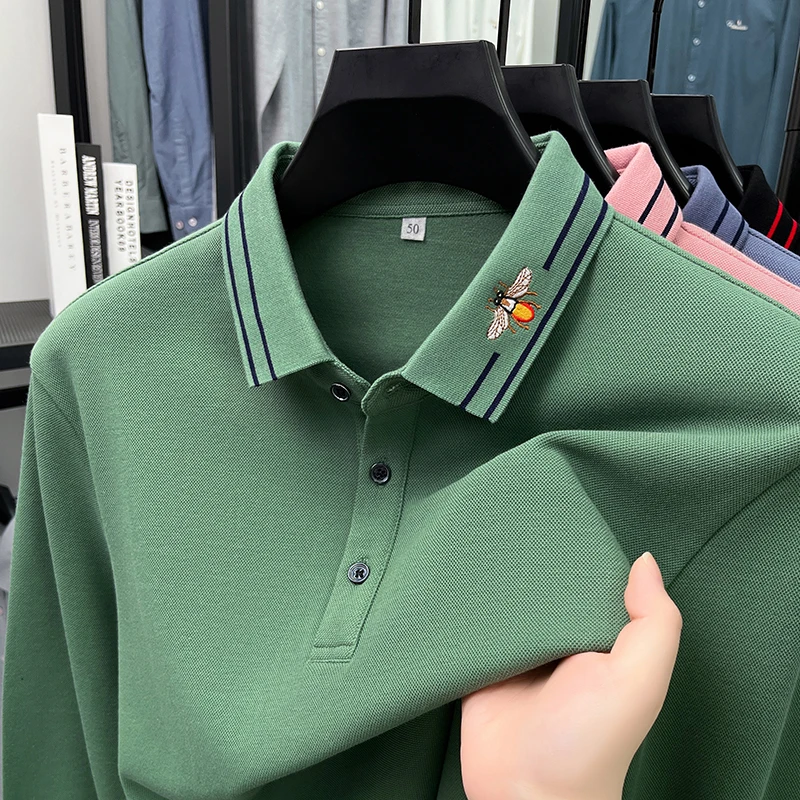 العلامة التجارية الفاخرة 100% قميص بولو قطني بكم طويل قميص الرجال الراحة ربيع الخريف موضة عادية النحل التطريز مخطط التلبيب تي شيرت #4