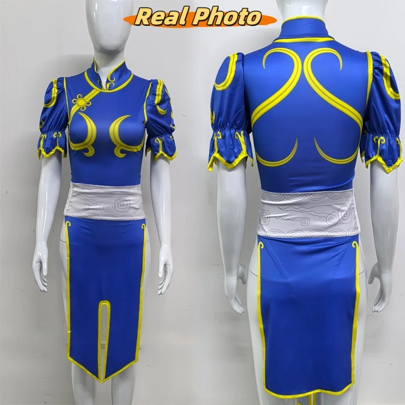 Disfraz de Cosplay Street Fighter Chun Li para Mujer Juego de Lucha Cheongsam Azul con Tocada y Cinturón Halloween 4