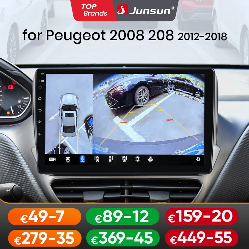 Junsun AI Wireless CarPlay for Apple Android14 Auto Car Radio for Peugeot 2008 208 2012-2018 GPS RDS WiFi 360 Camera Multimedia