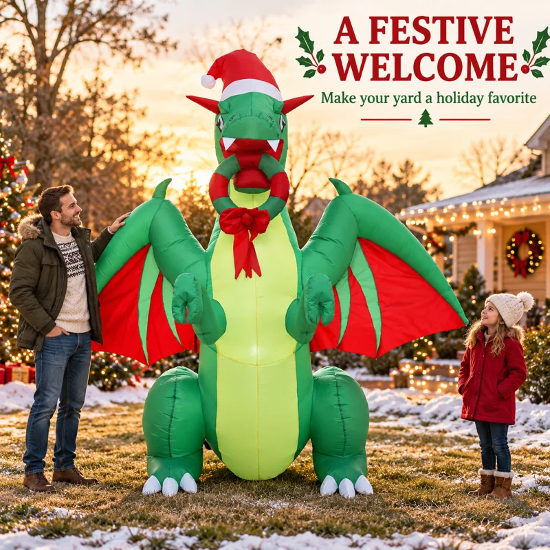 8FT Christmas Inflatable Dragon with Santa Hat Red Wings LED Lights Blow Up Dinosaur Outdoor Garden Yard Holiday Party Decor New