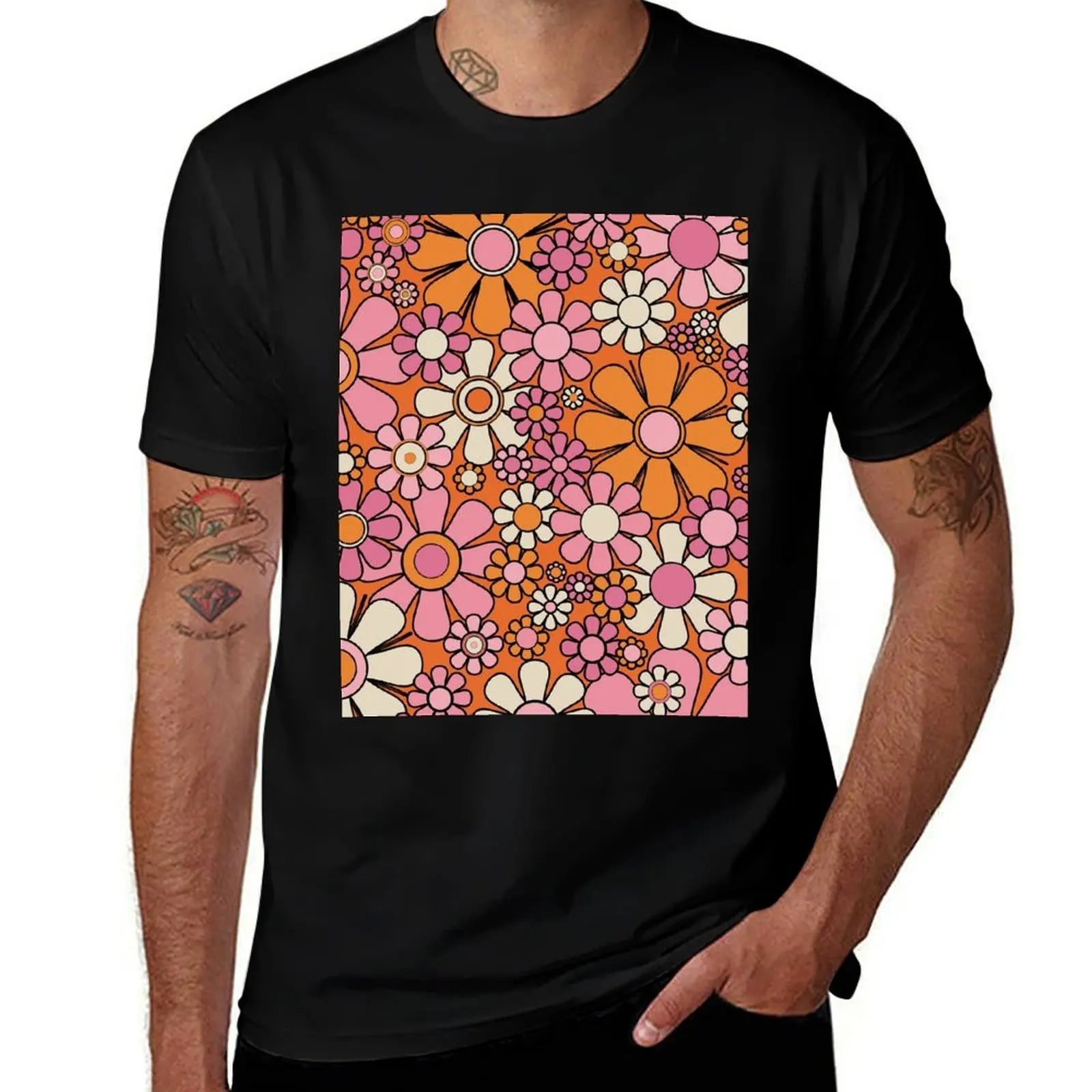 Retro Garden Flowers Groovy 60s 70s Floral Pattern in Thulian Pink, Orange, Cream Beige, and Black T-Shirt