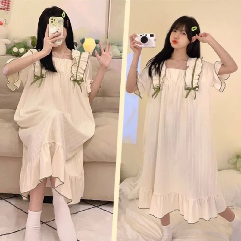 Princess Style Pajama Dress Women Summer New Sweet Cute Nightgowns Loose Mid-length Sleepshirts Girls Short Sleeve Home Clothes