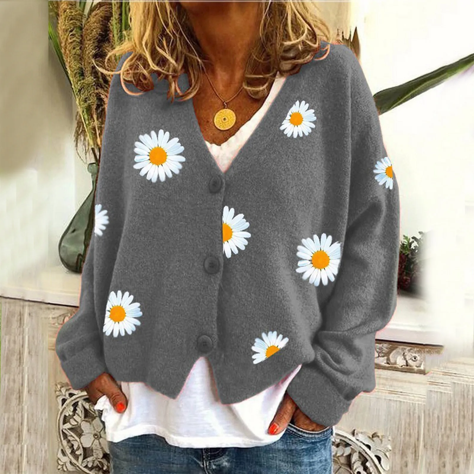 Women Cardigan Daisy Flowers Embroidery Knitted Sweater Autumn Long Sleeve Knitwear Black Gray Orange Green Yellow Cardigan