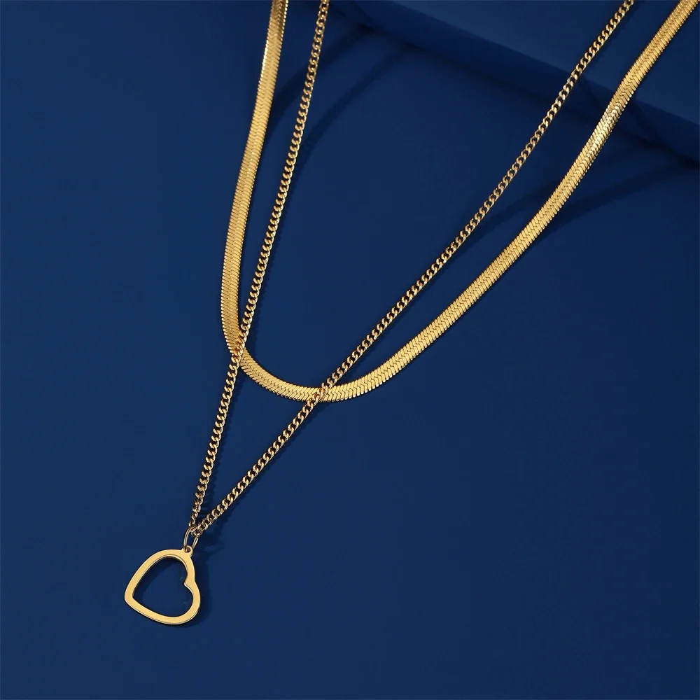 Skyrim Heart Snake Chain Necklace for Women Stainless Steel Minimalist Simple Double Layer Clavicle Neck Chain Kpop Jewelry
