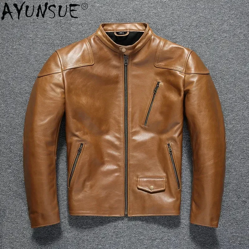 AYUNSUE Mens Genuine Leather Jacket Vintage Autumn Real Horsehide Coat Slim Jackets Motorcycle Jaqueta Masculina SGG976