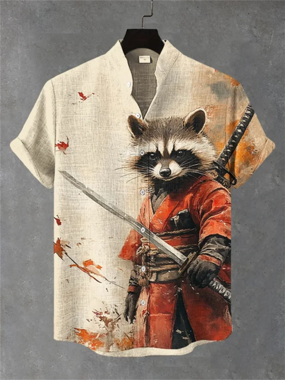 قميص ريترو راكون واريور مطبوع بأكمام قصيرة وياقة واقفة وأزرار لأعلى ملابس هاواي قابلة للتنفس للرجال