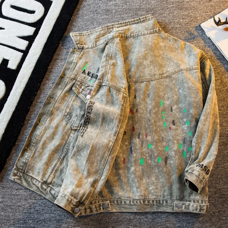 Men's clothing American retro distressed denim jacket Men's trendy loose embroidered jacket top streetwear