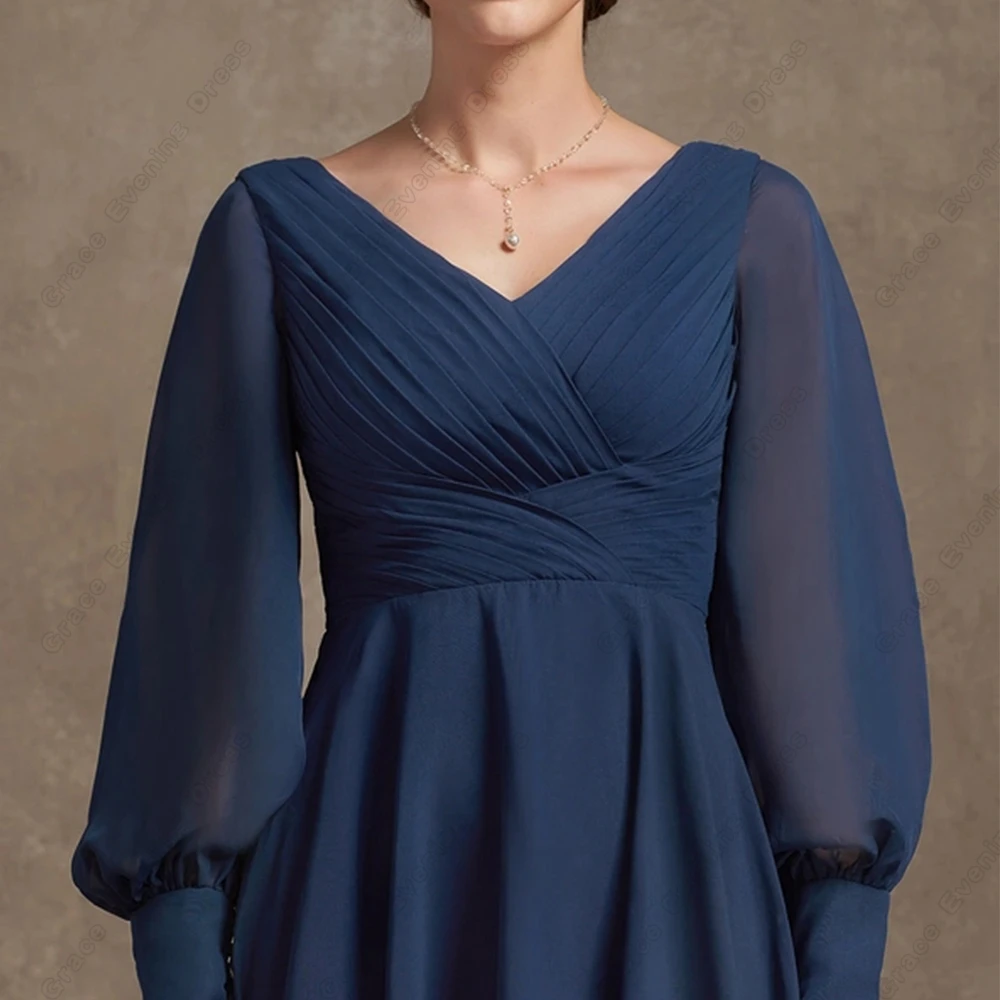 Simple Tea Length Chiffon Mother of Bride Dresses Strapless Full Sleeve Wedding Party Gown Pleat 2025 Summer Vestido De Noche