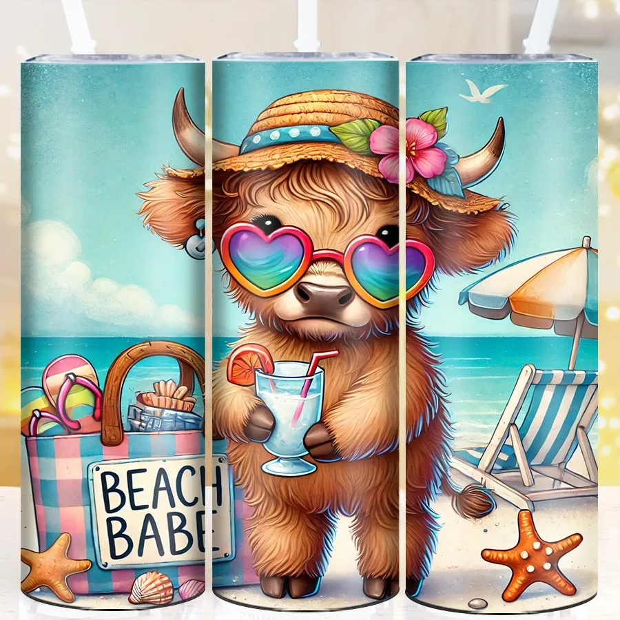 1Pc Stainless Party Festive Tumblers Straw Lid 3D Print Seaside Summer Cow 20oz Insulated Travel Vacuum Cups Outdoor Party Mugs