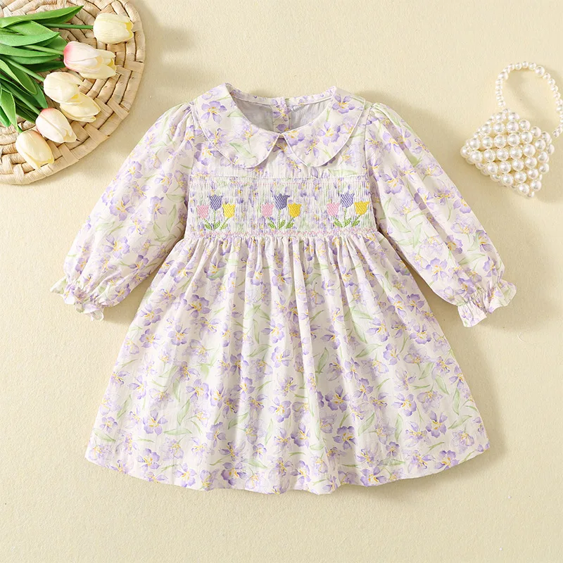 

‌2025 Autumn Girls' Floral Embroidered Dress with Ruffle Hem Cotton Princess Dresses for Toddlers A-Line Causal Clothing