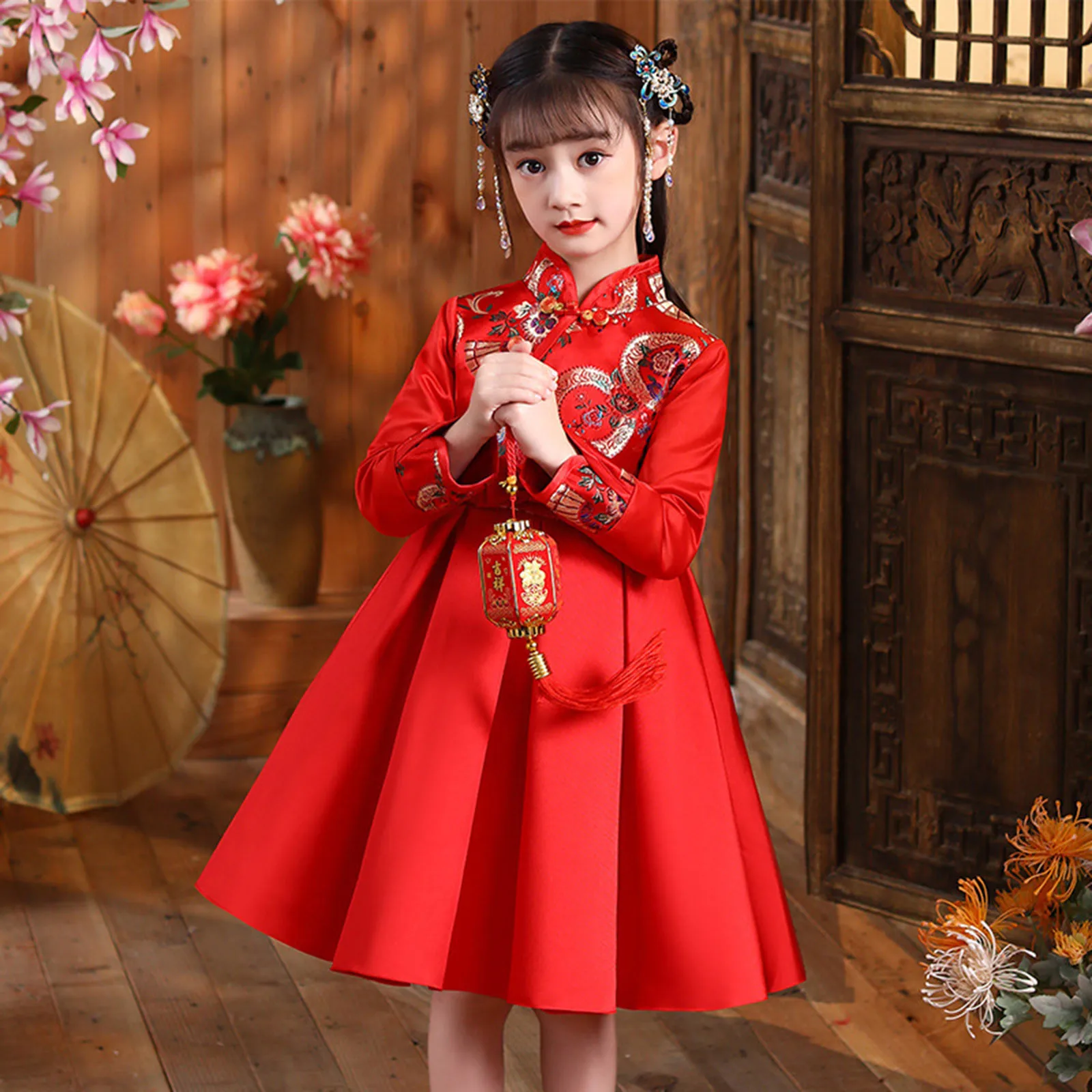 Tang Warm Chinese Princess dress Toddler Kids girls new Year Thick long sleeve Dresses stand collar pleated a line dress