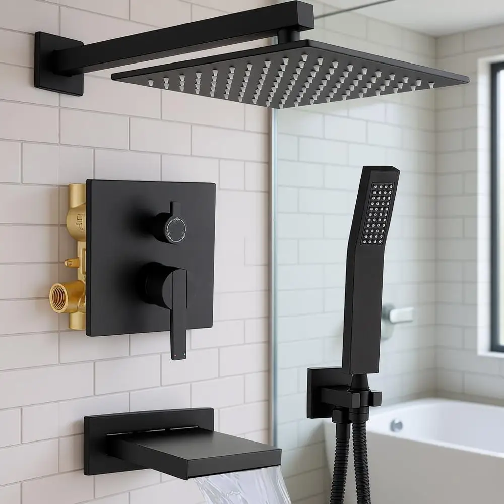 

All-Metal Black Tub Spout Shower System with 10 Rain Shower and Handheld, Matte Black Finish