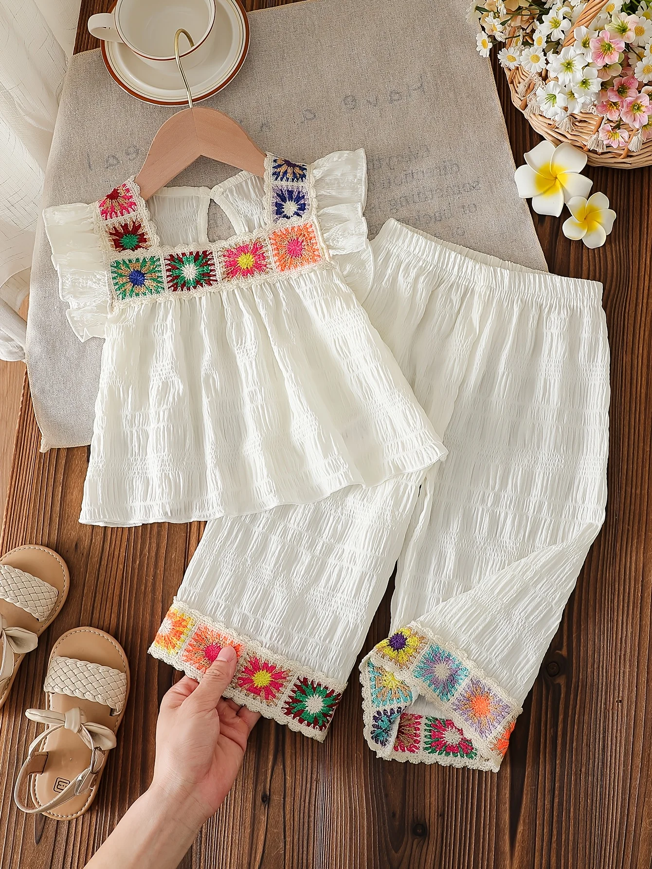 

Baby Girl Summer Ethnic Style Pants Set - Elegant White Preppy Outfit for Ramadan & Eid Special Occasions Gift