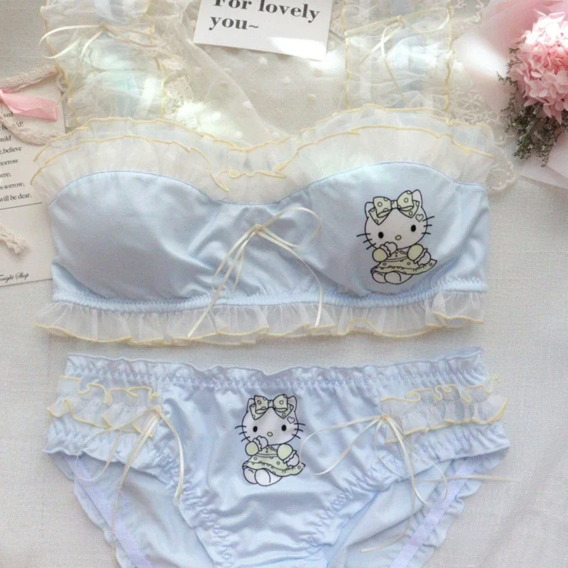 Sanrio Hello Kitty Ruffle Bra and Panty 2 Piece Set Cute and Sweet Girl Student Anime Cartoon Underwear Suspenders Clothing