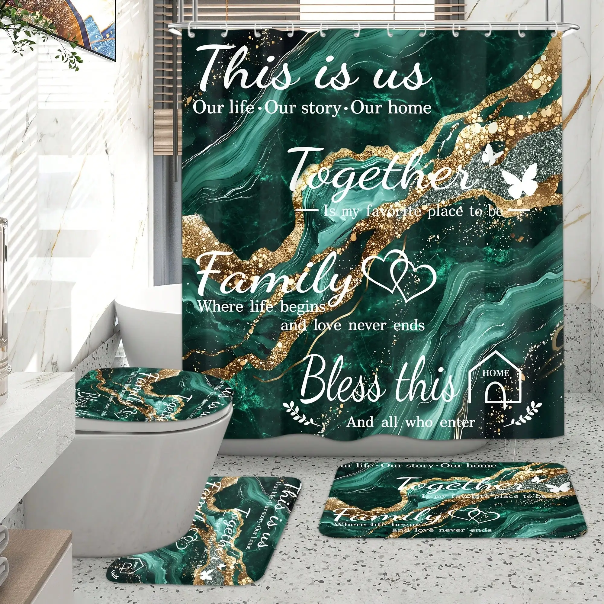 [Luxury Marble Bathroom Set] 4pcs Family Shower Curtain Set, Luxury Marble Bathroom Sets Full Set, Golden Green Shower Curtain with, Includes 12 Hooks, Toilet Lid Cover, Non-Slip U-Shaped, Decorative Bath Curtain for Home - view 3