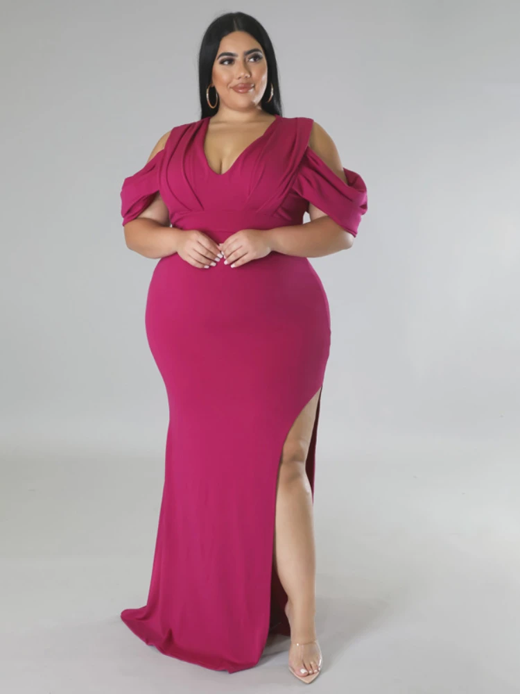 ONTINVA Long Prom Dresses V Neck Cold Shoulder Empire Curvy Lady Evening Birthday Wedding Event Party Gowns Plus Size 4XL 5XL